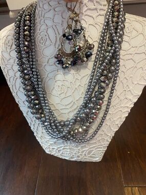 OXIDIZED SILVER PLATED NECKLACE GRAY / BLACK BEADS MULTI STRAND & EARRINGS